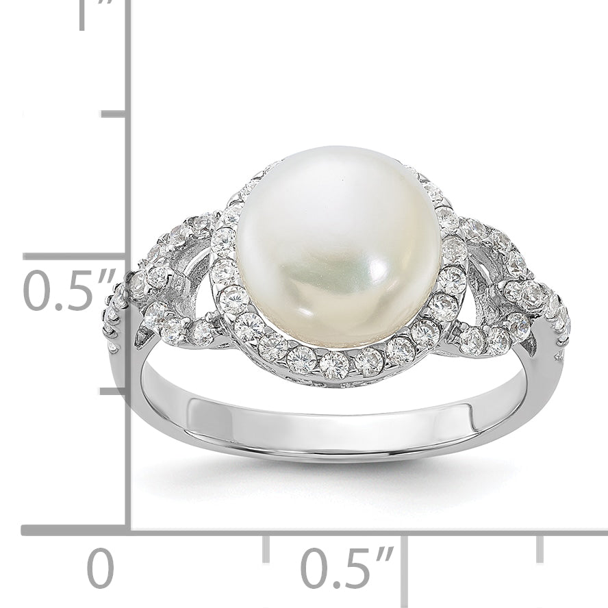 Sterling Silver Rhodium-plated 9-10mm White FWC Pearl and CZ Ring