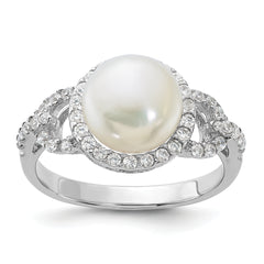 Sterling Silver Rhodium-plated 9-10mm White FWC Pearl and CZ Ring