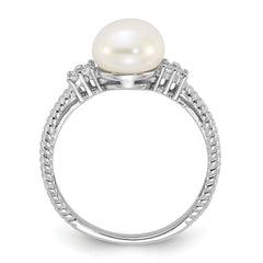 Sterling Silver Rhodium-plated 8-9mm White FWC Pearl and CZ Ring