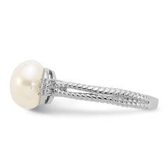 Sterling Silver Rhodium-plated 8-9mm White FWC Pearl and CZ Ring