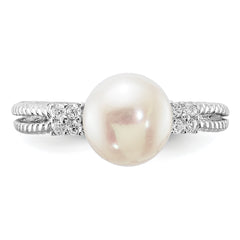 Sterling Silver Rhodium-plated 8-9mm White FWC Pearl and CZ Ring