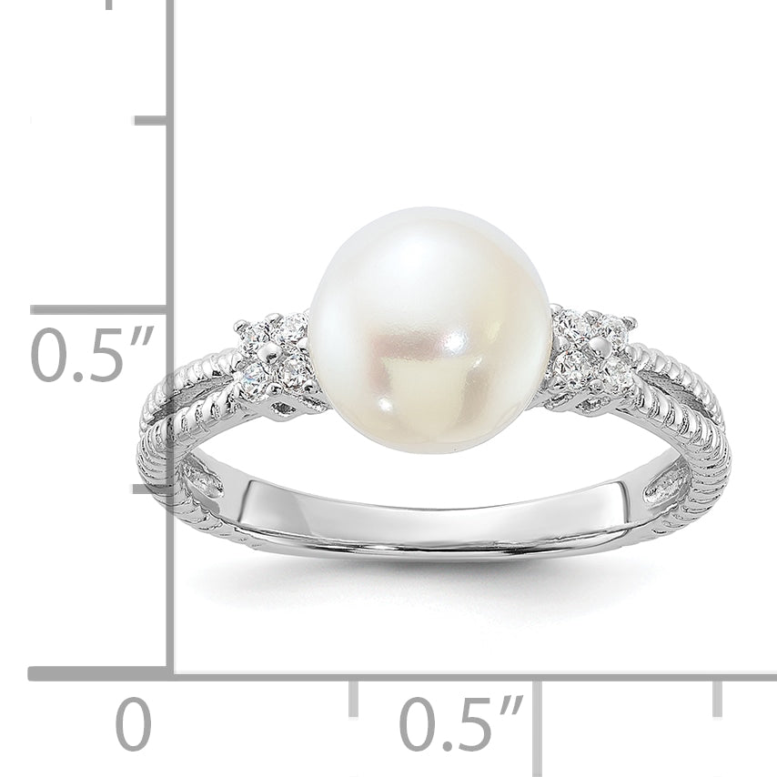 Sterling Silver Rhodium-plated 8-9mm White FWC Pearl and CZ Ring