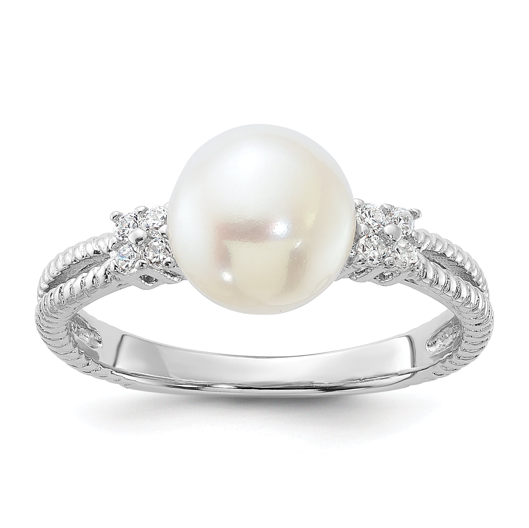 Sterling Silver Rhodium-plated 8-9mm White FWC Pearl and CZ Ring