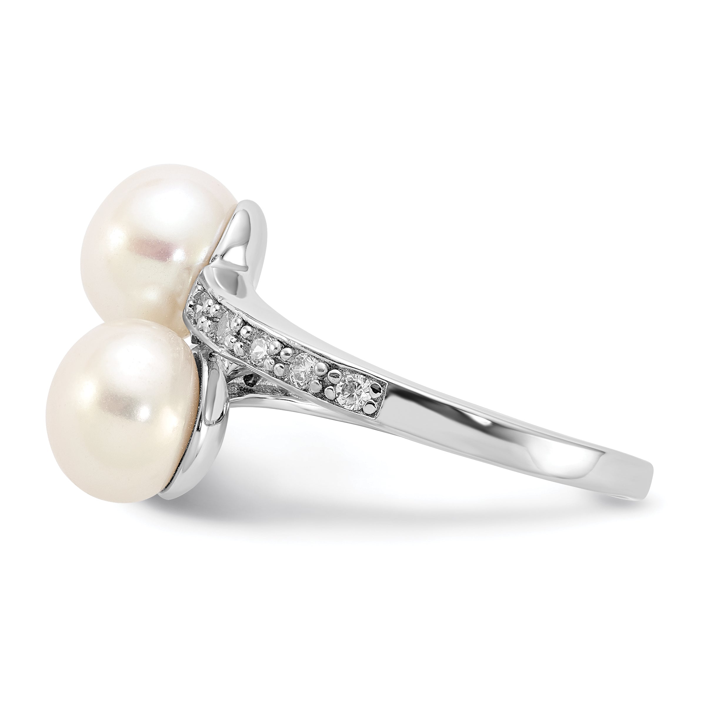 Sterling Silver Rhodium-plated 8-9mm White FWC Pearl/CZ Bypass Ring