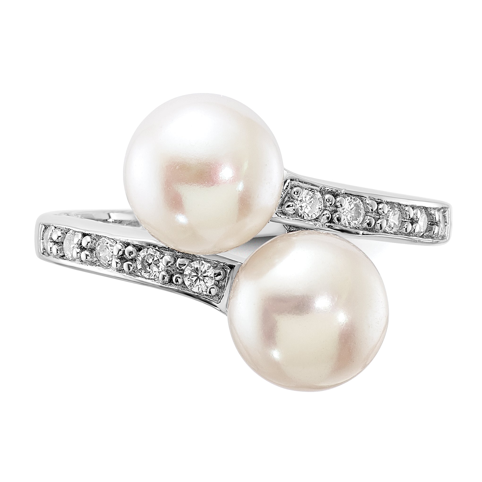 Sterling Silver Rhodium-plated 8-9mm White FWC Pearl/CZ Bypass Ring