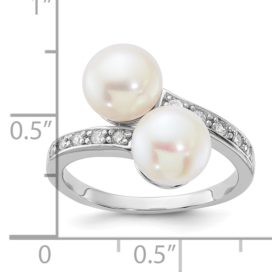 Sterling Silver Rhodium-plated 8-9mm White FWC Pearl/CZ Bypass Ring