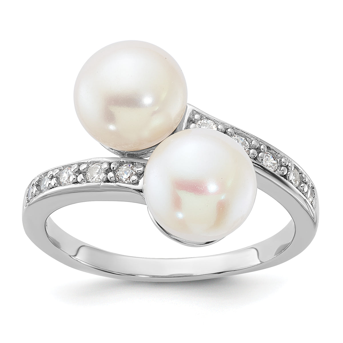 Sterling Silver Rhodium-plated 8-9mm White FWC Pearl/CZ Bypass Ring