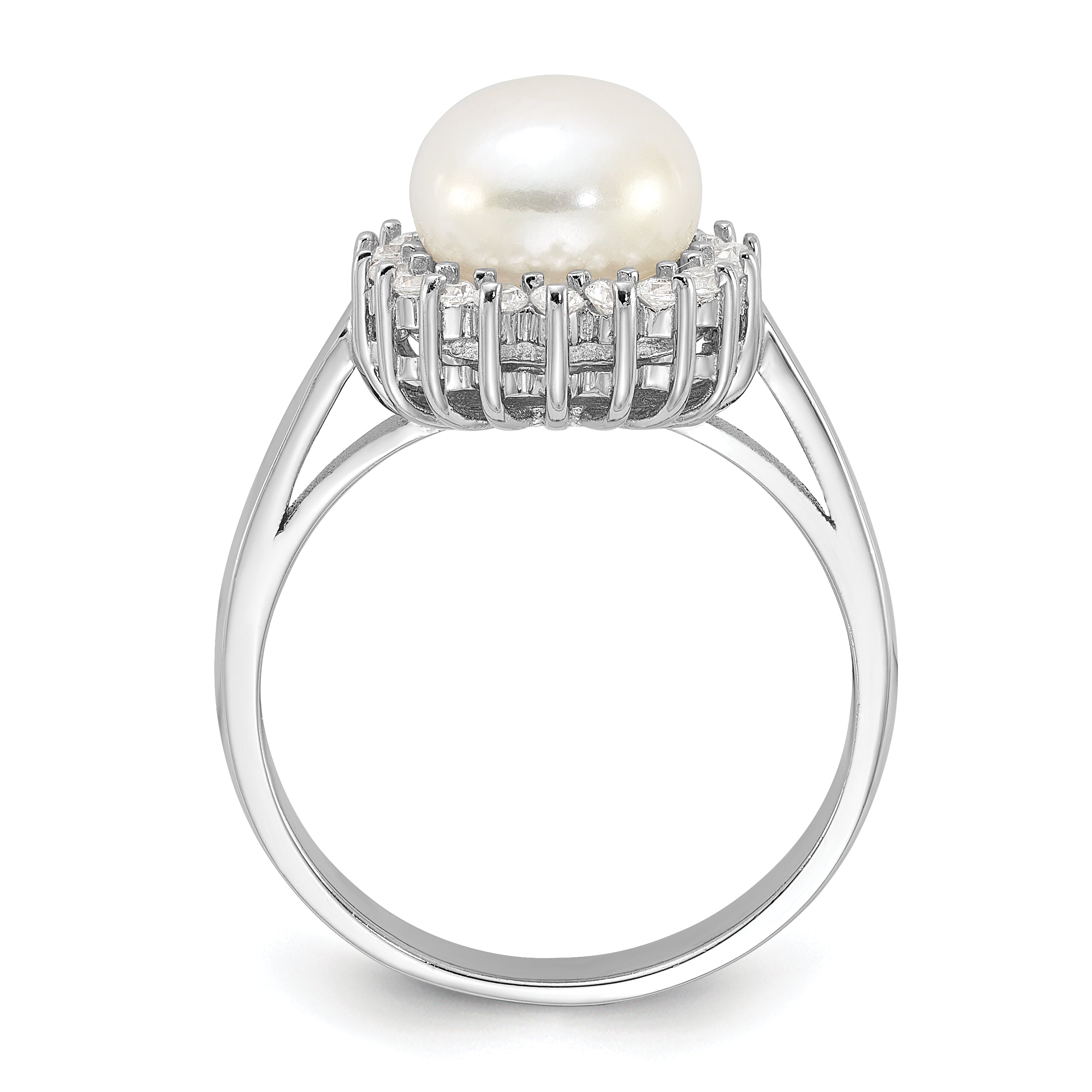 Sterling Silver Rhodium-plated 8-9mm White FWC Pearl and CZ Ring