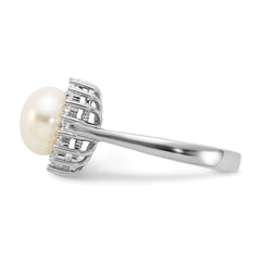 Sterling Silver Rhodium-plated 8-9mm White FWC Pearl and CZ Ring