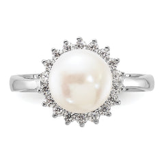 Sterling Silver Rhodium-plated 8-9mm White FWC Pearl and CZ Ring