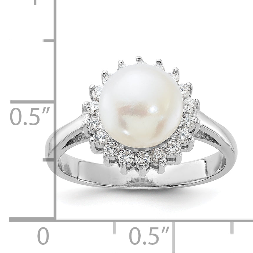 Sterling Silver Rhodium-plated 8-9mm White FWC Pearl and CZ Ring