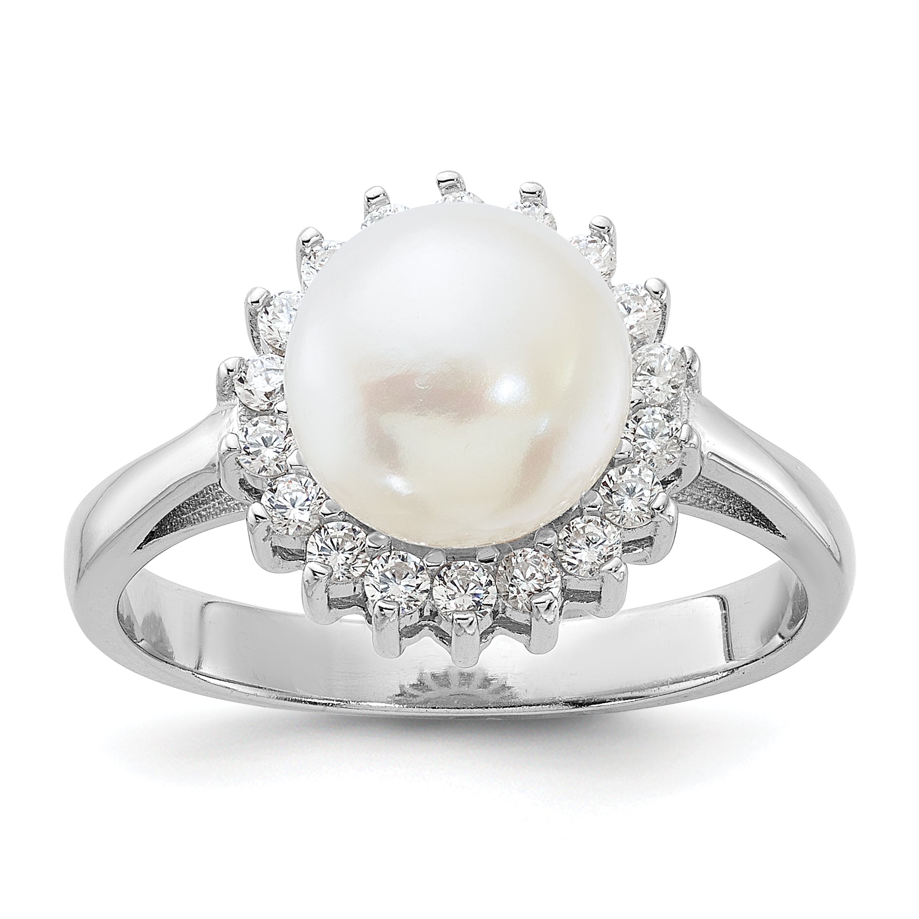 Sterling Silver Rhodium-plated 8-9mm White FWC Pearl and CZ Ring