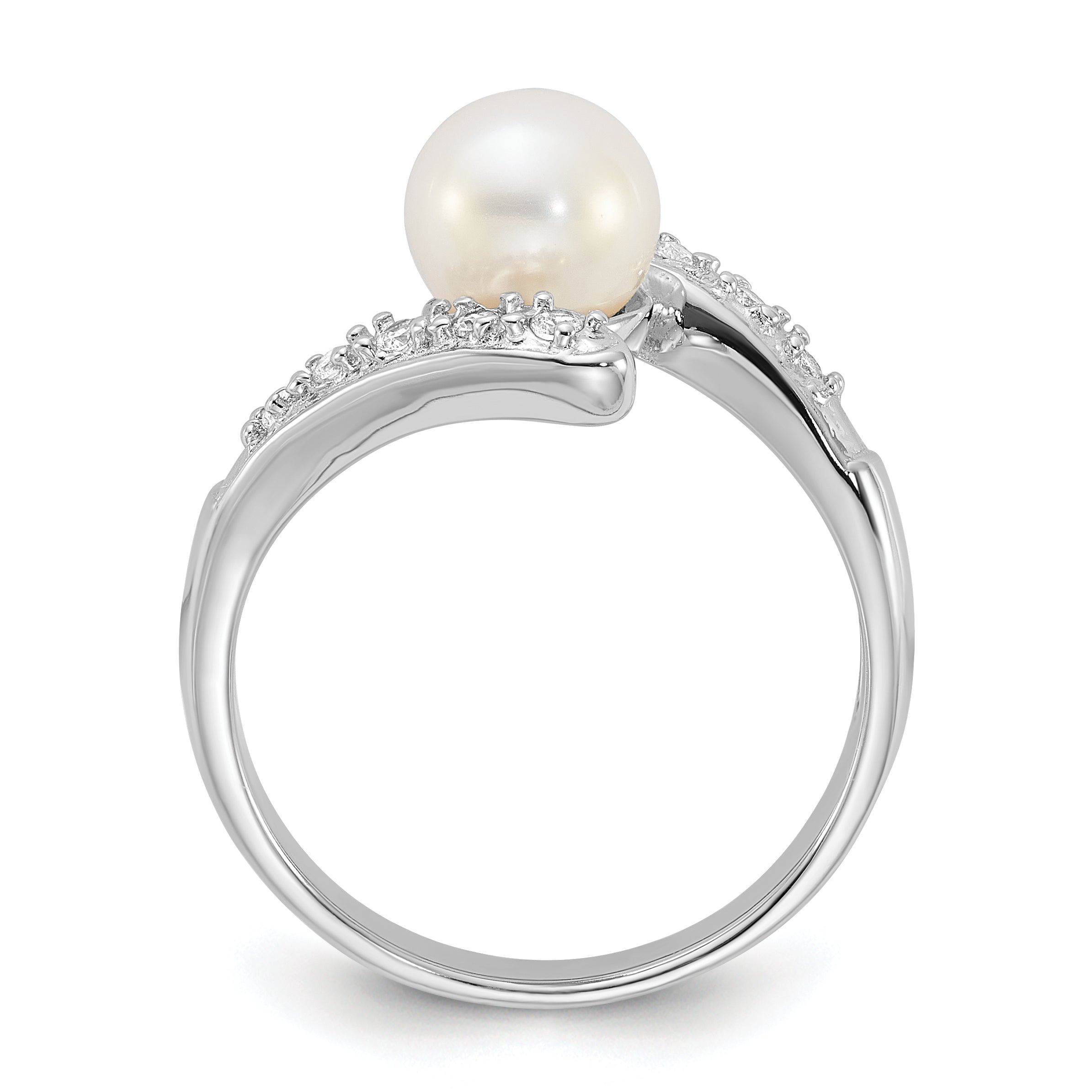 Sterling Silver Rhodium-plated 6-7mm White FWC Pearl/CZ Bypass Ring