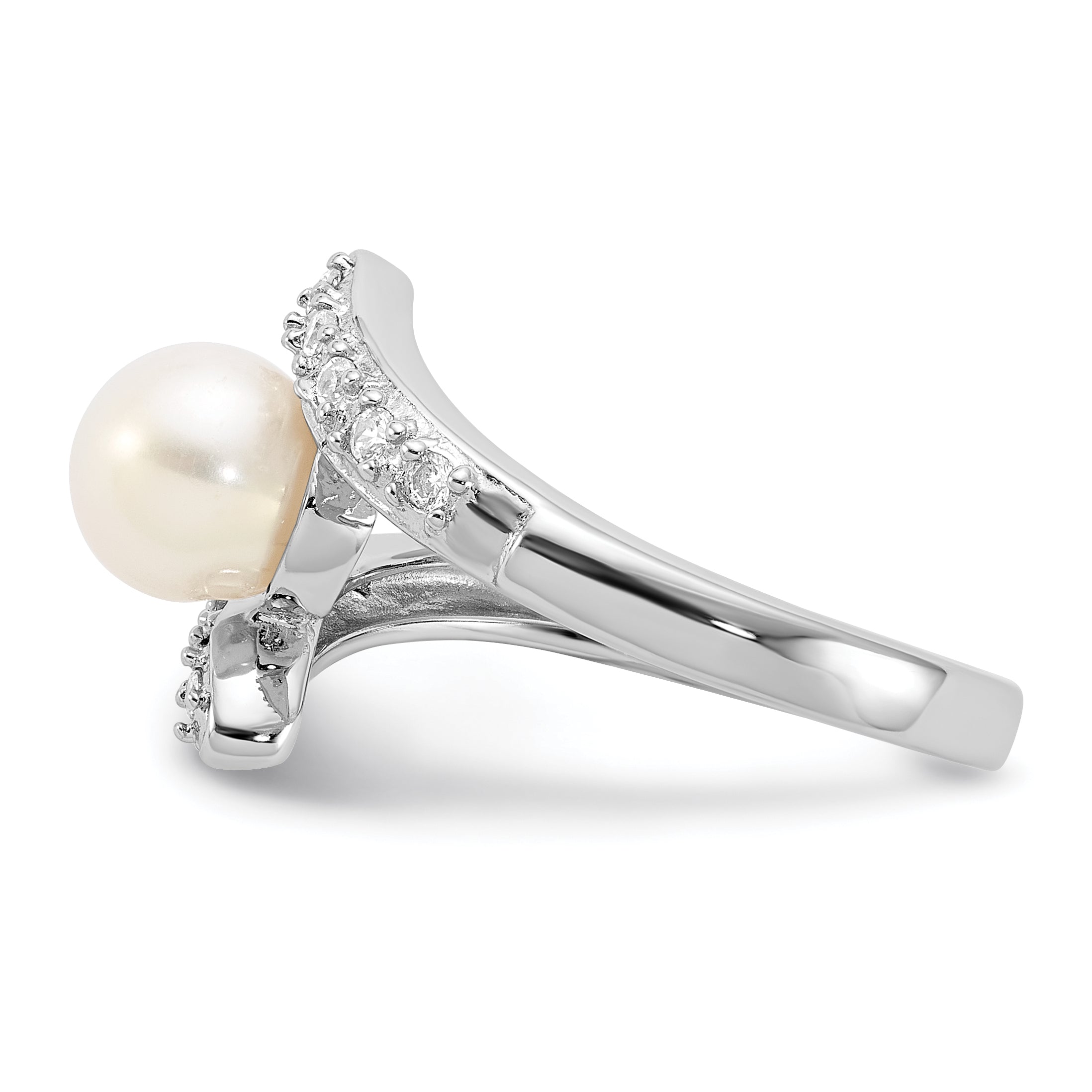 Sterling Silver Rhodium-plated 6-7mm White FWC Pearl/CZ Bypass Ring