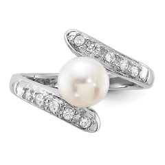 Sterling Silver Rhodium-plated 6-7mm White FWC Pearl/CZ Bypass Ring