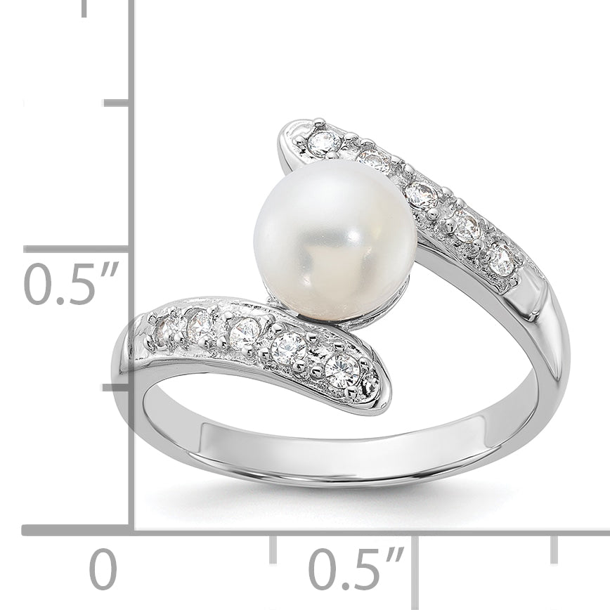 Sterling Silver Rhodium-plated 6-7mm White FWC Pearl/CZ Bypass Ring