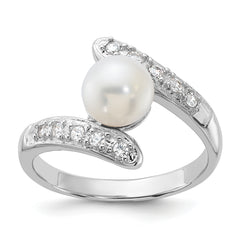 Sterling Silver Rhodium-plated 6-7mm White FWC Pearl/CZ Bypass Ring