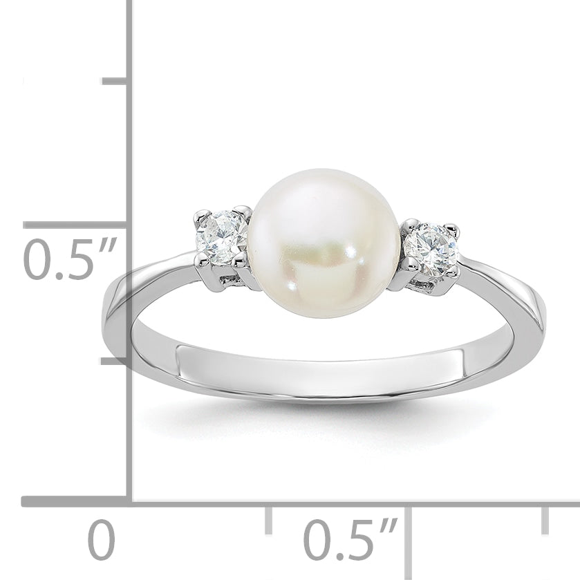 Sterling Silver Rhodium-plated 6-7mm White FWC Pearl and CZ Ring