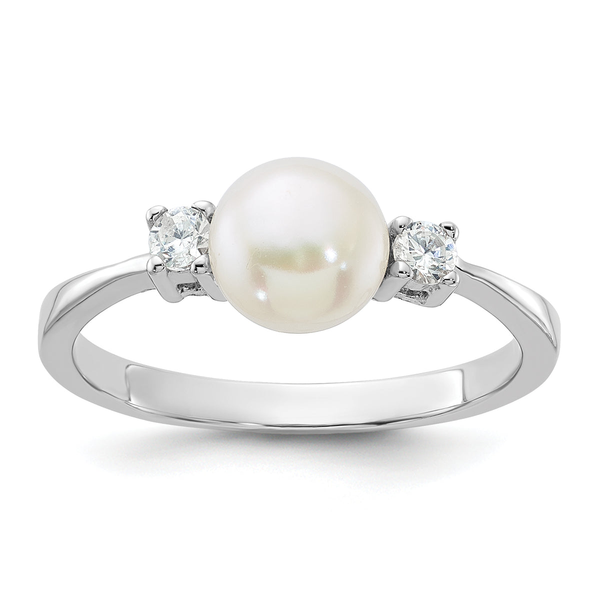 Sterling Silver Rhodium-plated 6-7mm White FWC Pearl and CZ Ring