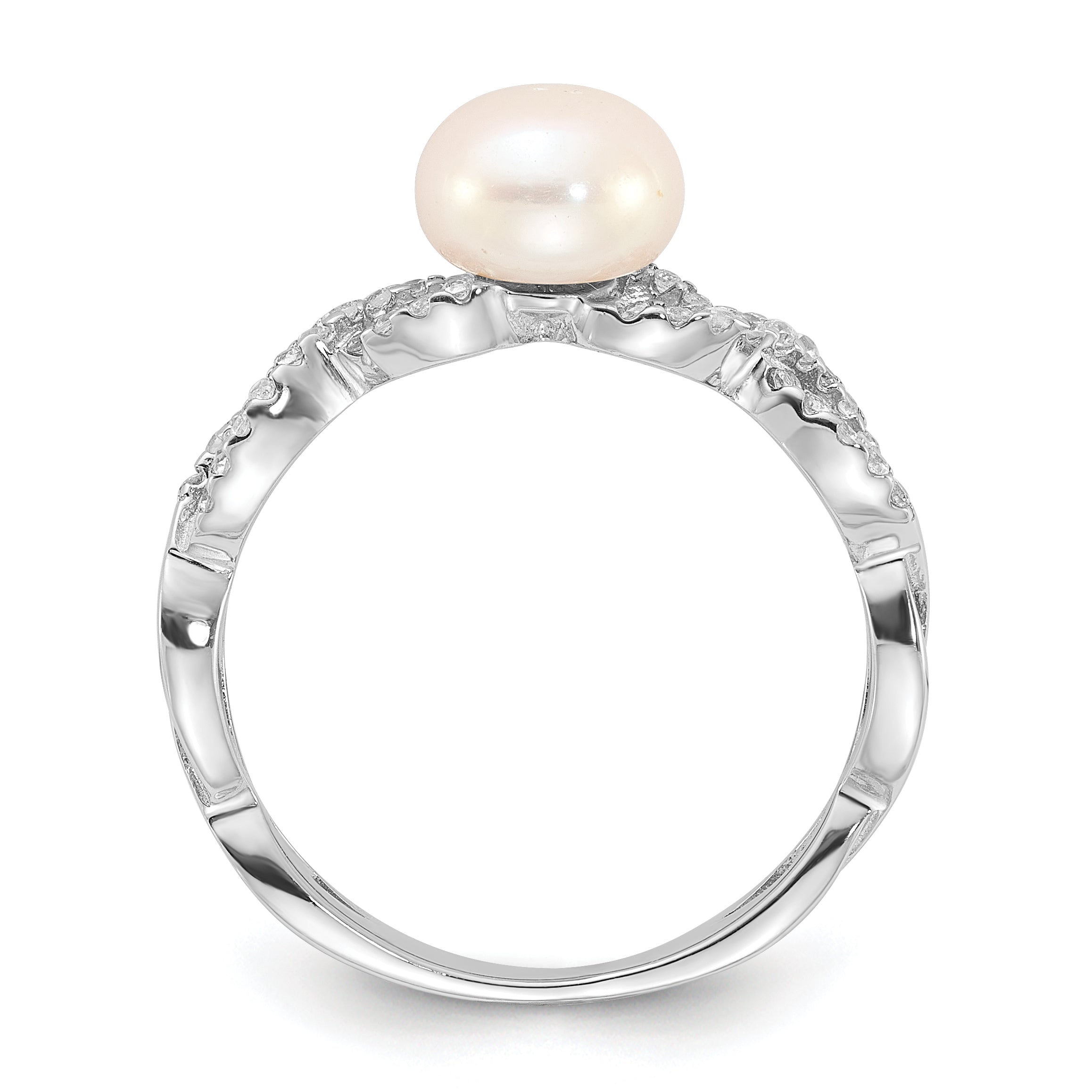 Sterling Silver RH-plated 7-8mm White FWC Pearl and CZ Infinity Ring