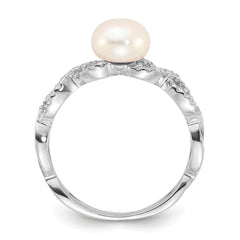 Sterling Silver RH-plated 7-8mm White FWC Pearl and CZ Infinity Ring