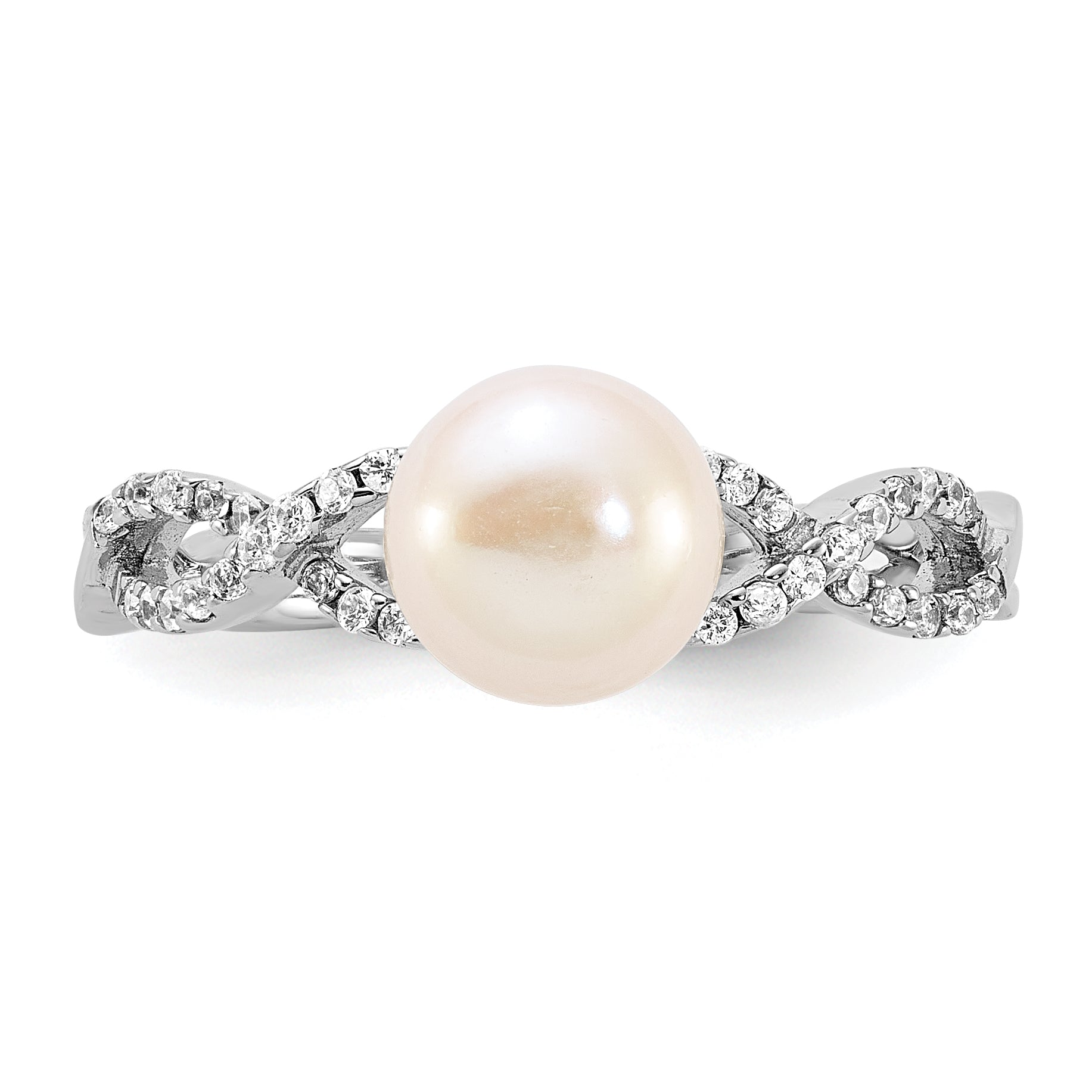 Sterling Silver RH-plated 7-8mm White FWC Pearl and CZ Infinity Ring