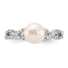 Sterling Silver RH-plated 7-8mm White FWC Pearl and CZ Infinity Ring