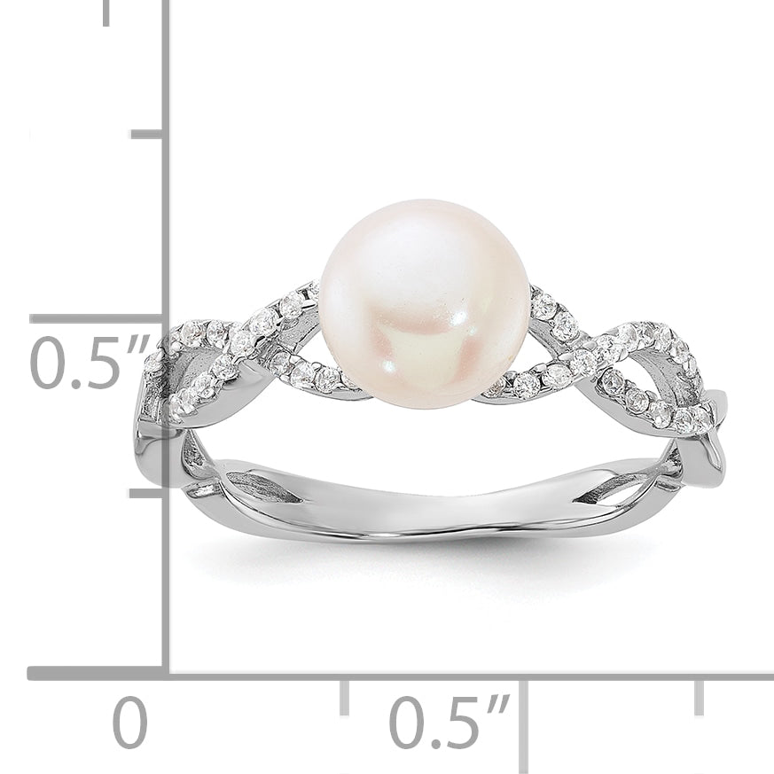 Sterling Silver RH-plated 7-8mm White FWC Pearl and CZ Infinity Ring