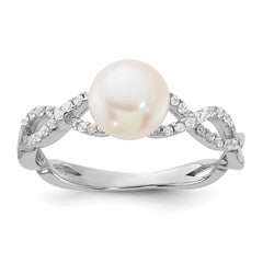 Sterling Silver RH-plated 7-8mm White FWC Pearl and CZ Infinity Ring