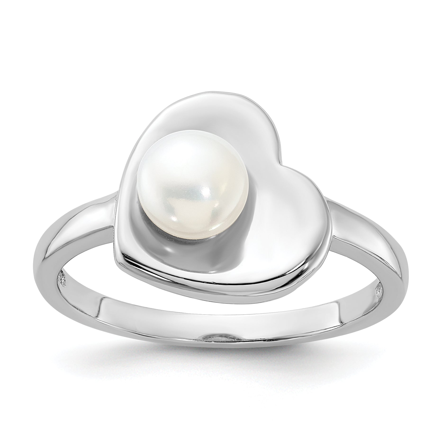 Sterling Silver Rhodium-plated 5-6mm White FWC Pearl Heart Ring