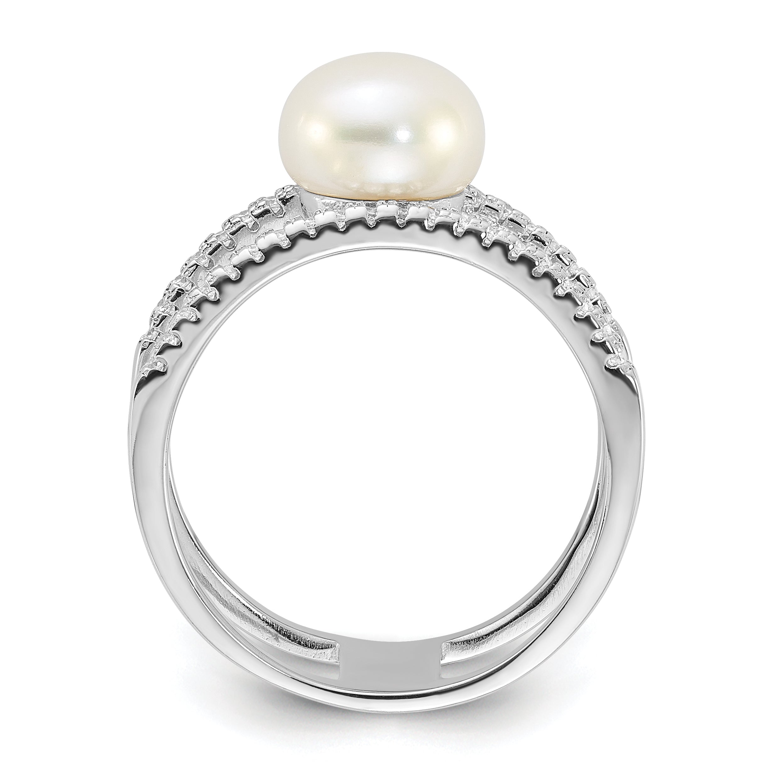 Sterling Silver Rhodium-plated 8-9mm White FWC Pearl and CZ Ring