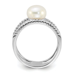 Sterling Silver Rhodium-plated 8-9mm White FWC Pearl and CZ Ring