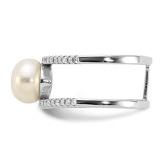 Sterling Silver Rhodium-plated 8-9mm White FWC Pearl and CZ Ring