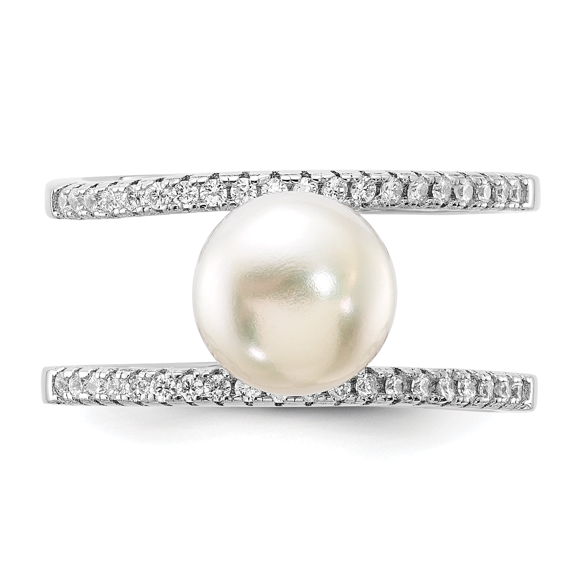 Sterling Silver Rhodium-plated 8-9mm White FWC Pearl and CZ Ring