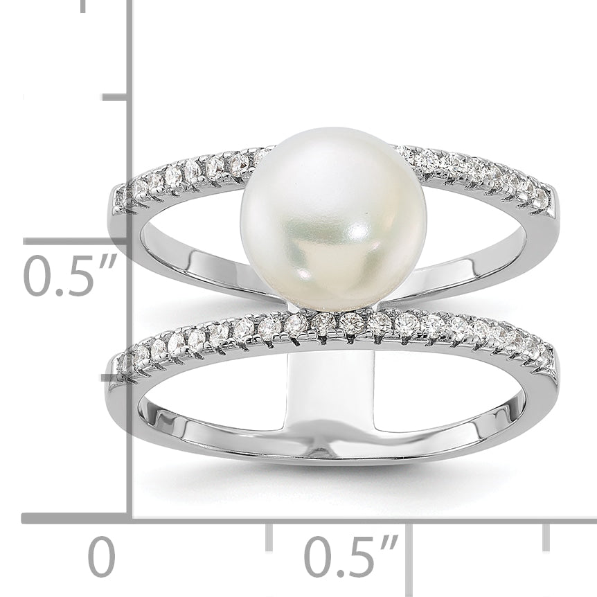 Sterling Silver Rhodium-plated 8-9mm White FWC Pearl and CZ Ring