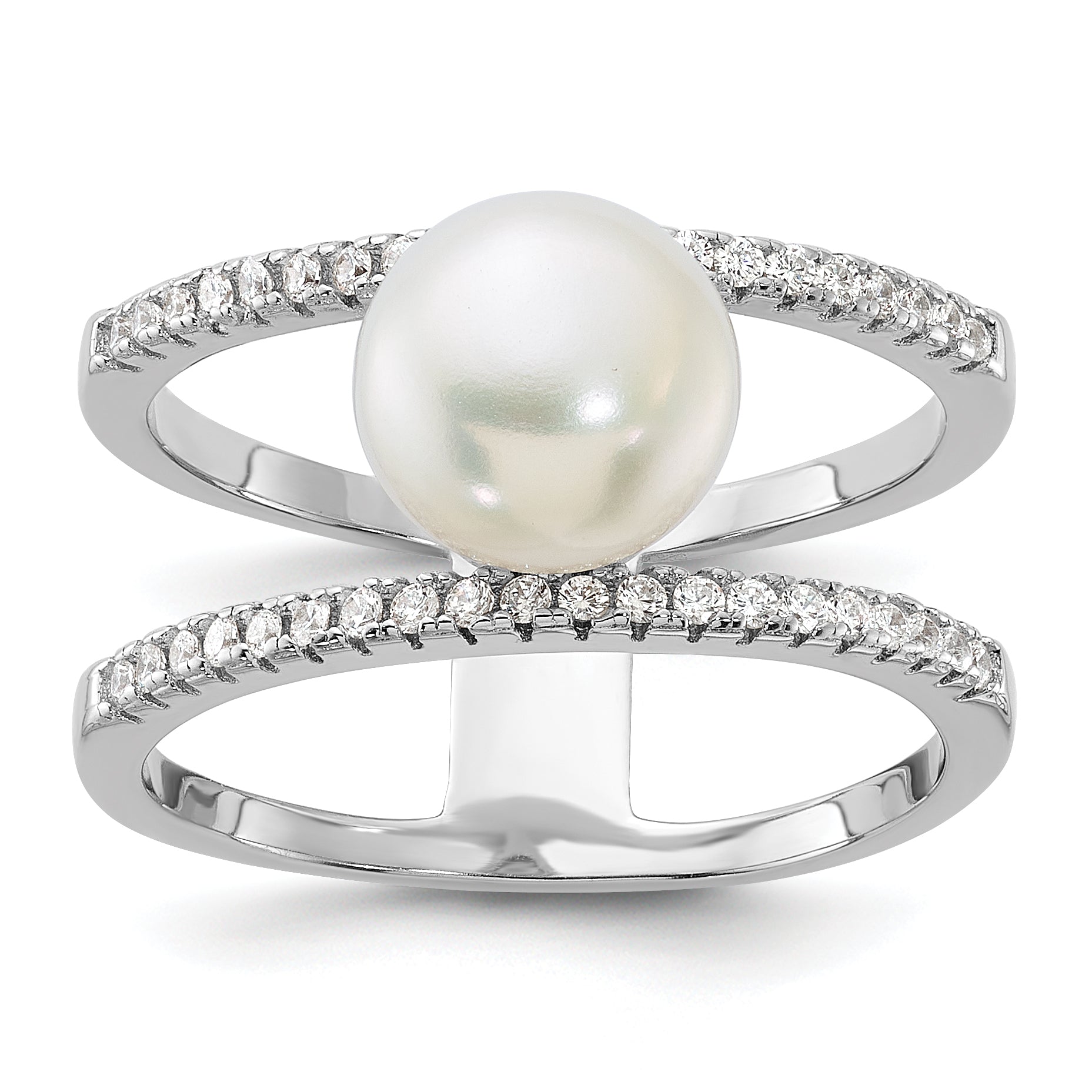 Sterling Silver Rhodium-plated 8-9mm White FWC Pearl and CZ Ring