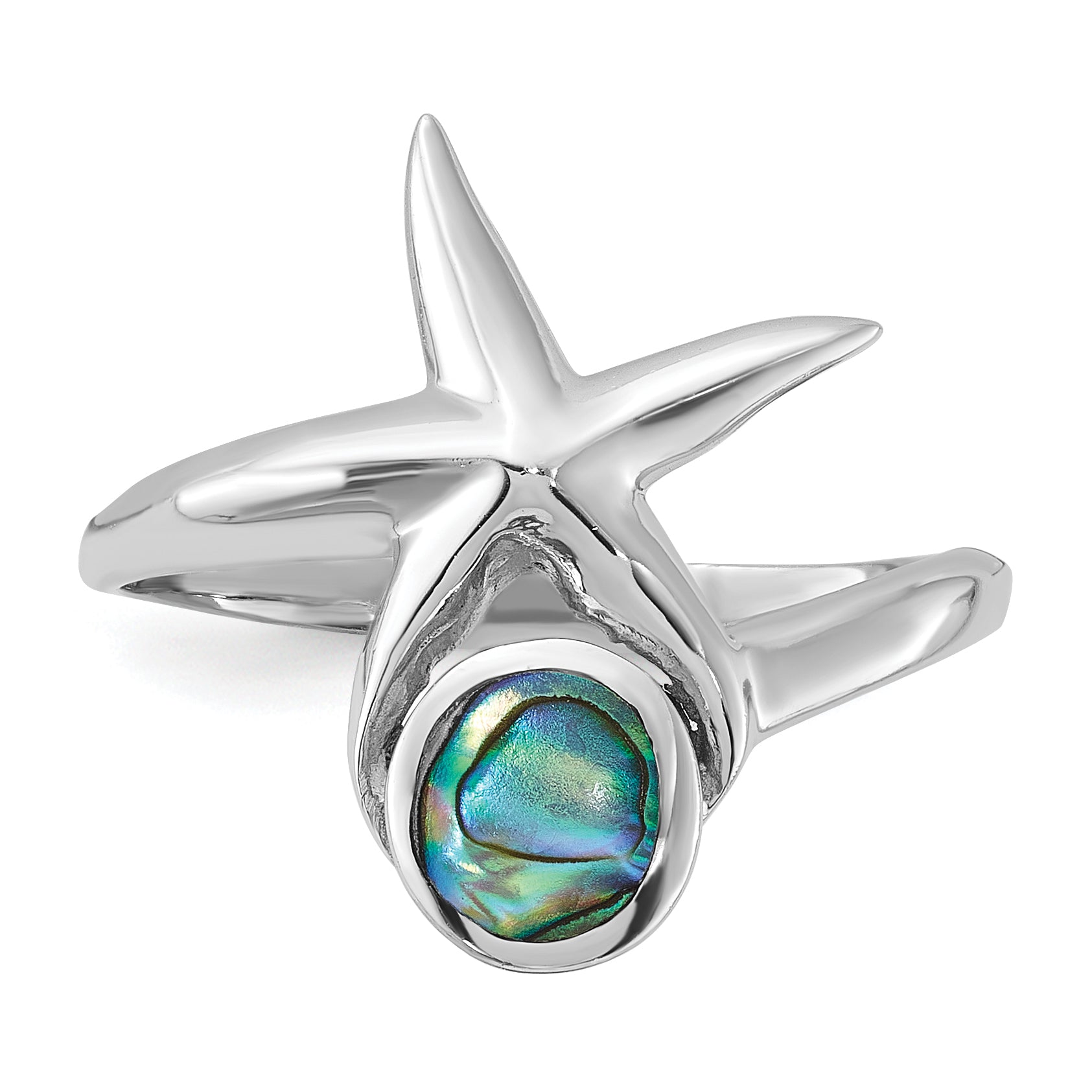 Sterling Silver Rhodium-Plated Polished Round Abalone with Starfish Ring