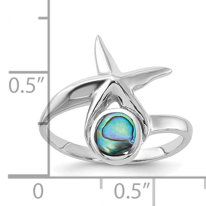 Sterling Silver Rhodium-Plated Polished Round Abalone with Starfish Ring