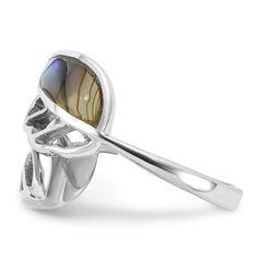 Sterling Silver Rhodium-Plated Polished Abalone Bypass Leaf Ring