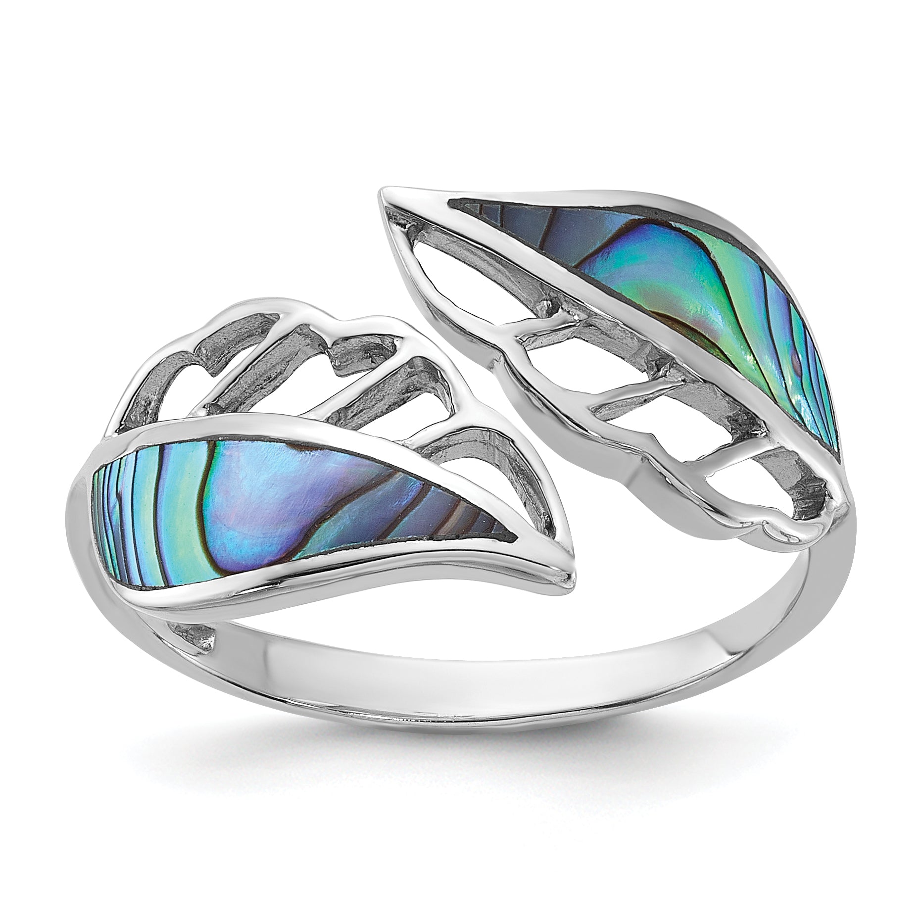 Sterling Silver Rhodium-Plated Polished Abalone Bypass Leaf Ring