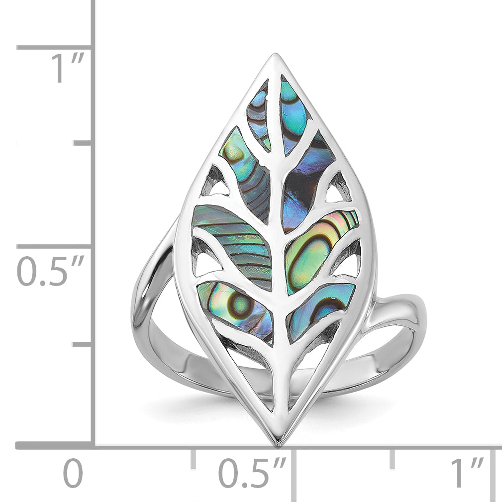 Sterling Silver Rhodium-Plated Polished Abalone Leaf Ring