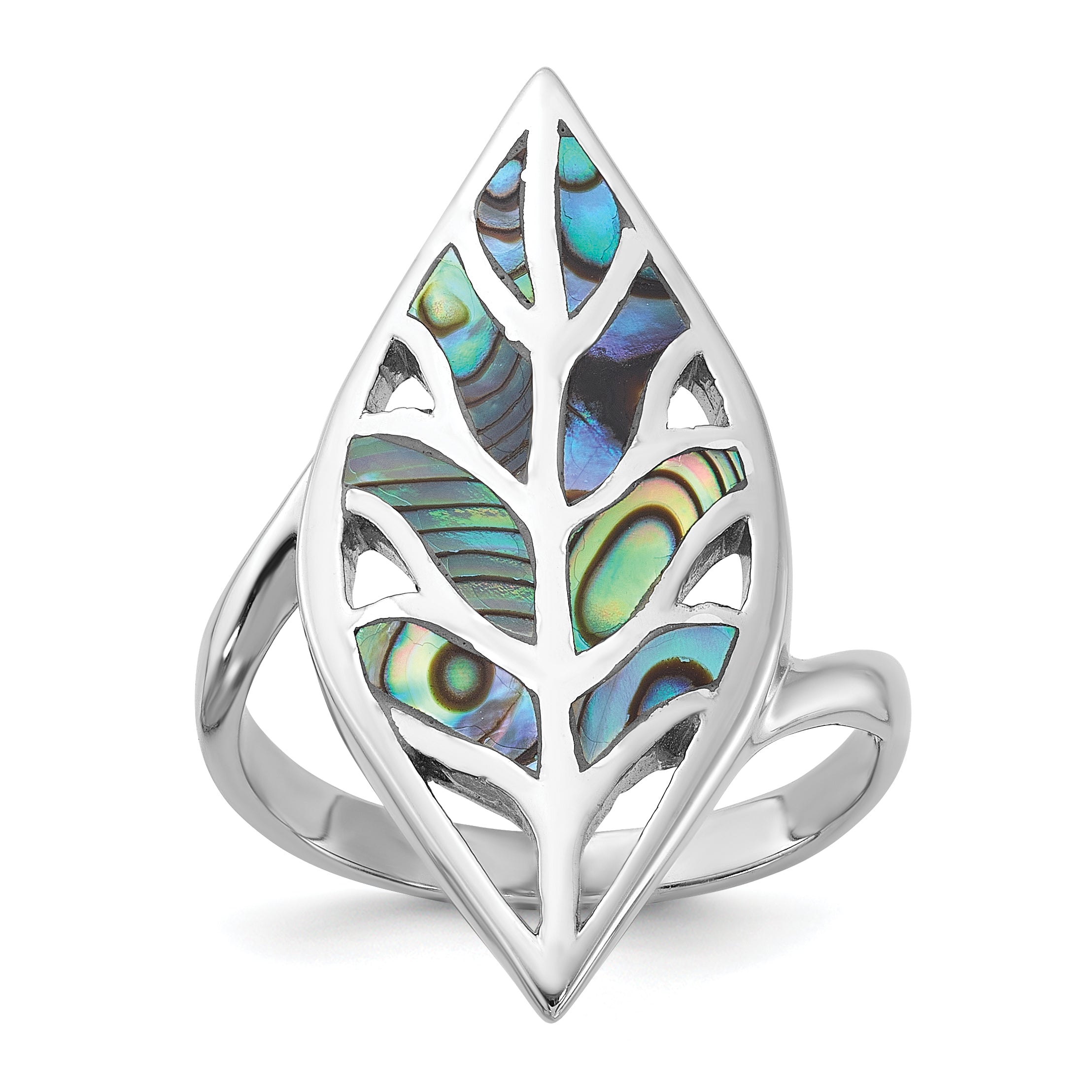 Sterling Silver Rhodium-Plated Polished Abalone Leaf Ring