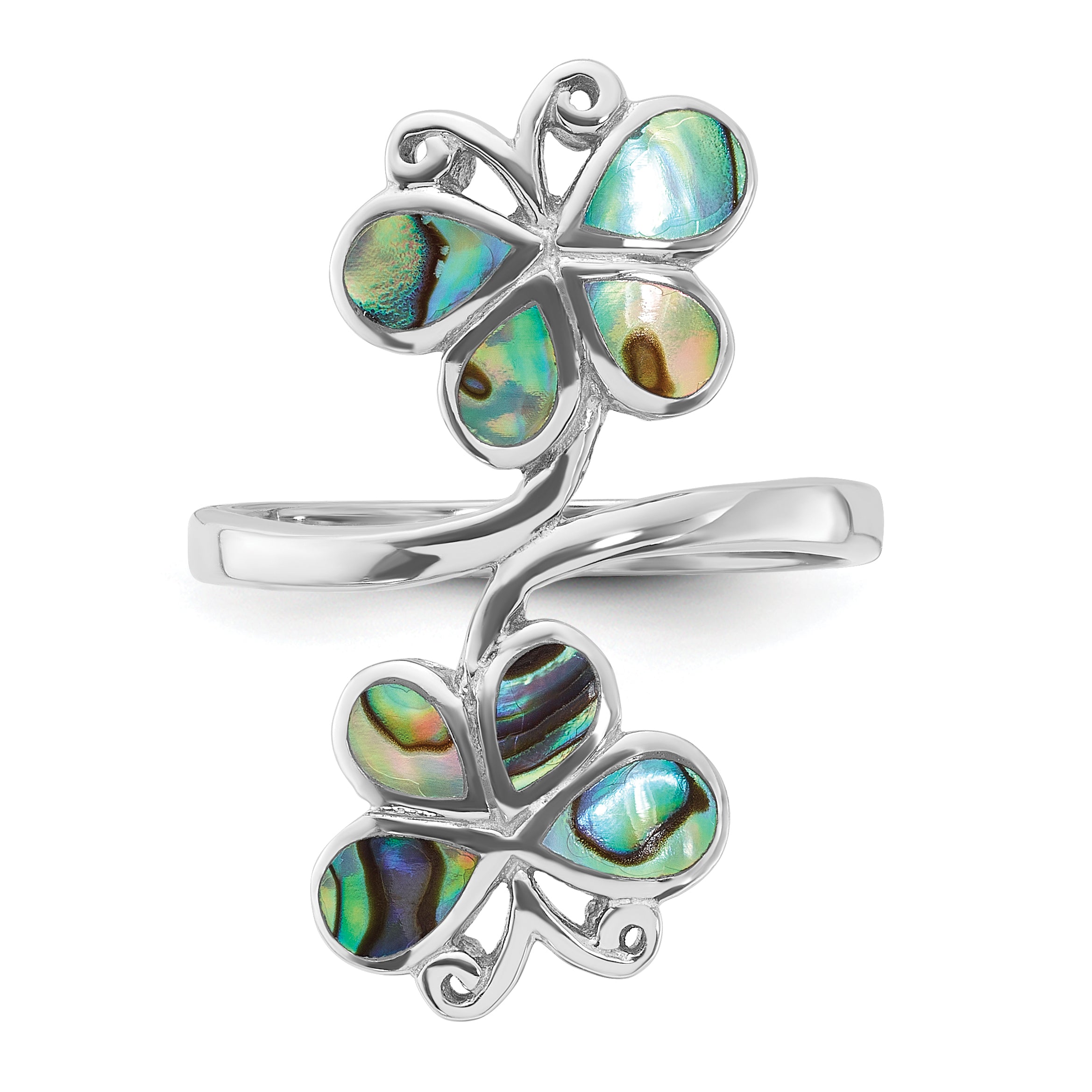 Sterling Silver Rhodium-Plated Polished Abalone Double Butterfly Ring