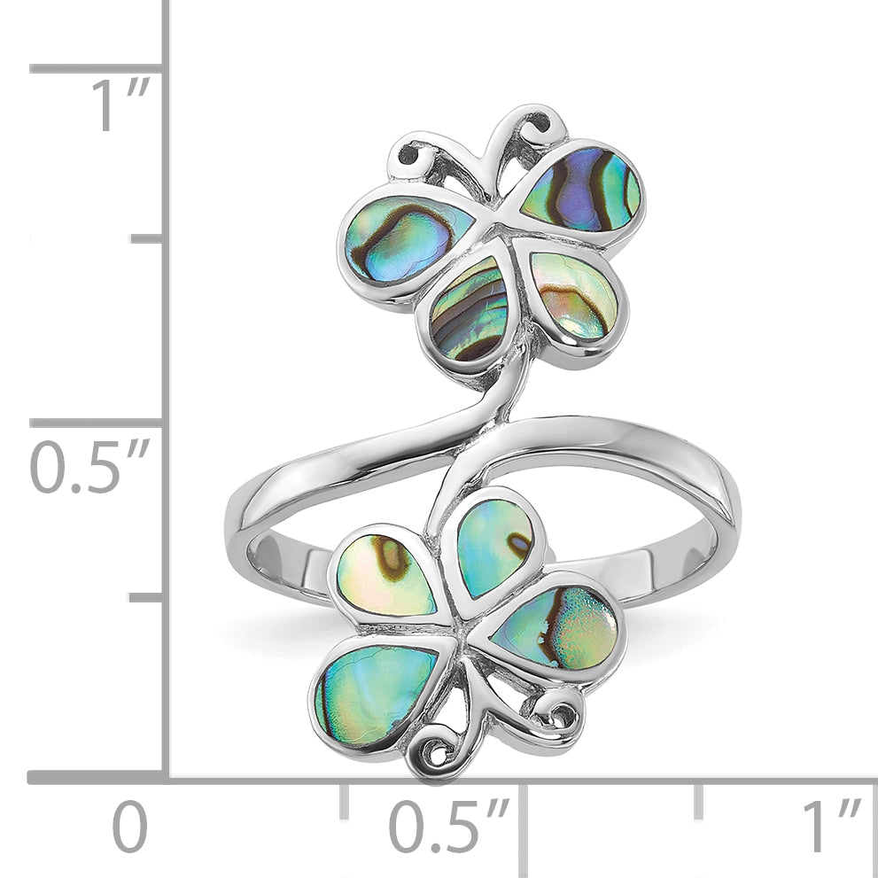 Sterling Silver Rhodium-Plated Polished Abalone Double Butterfly Ring