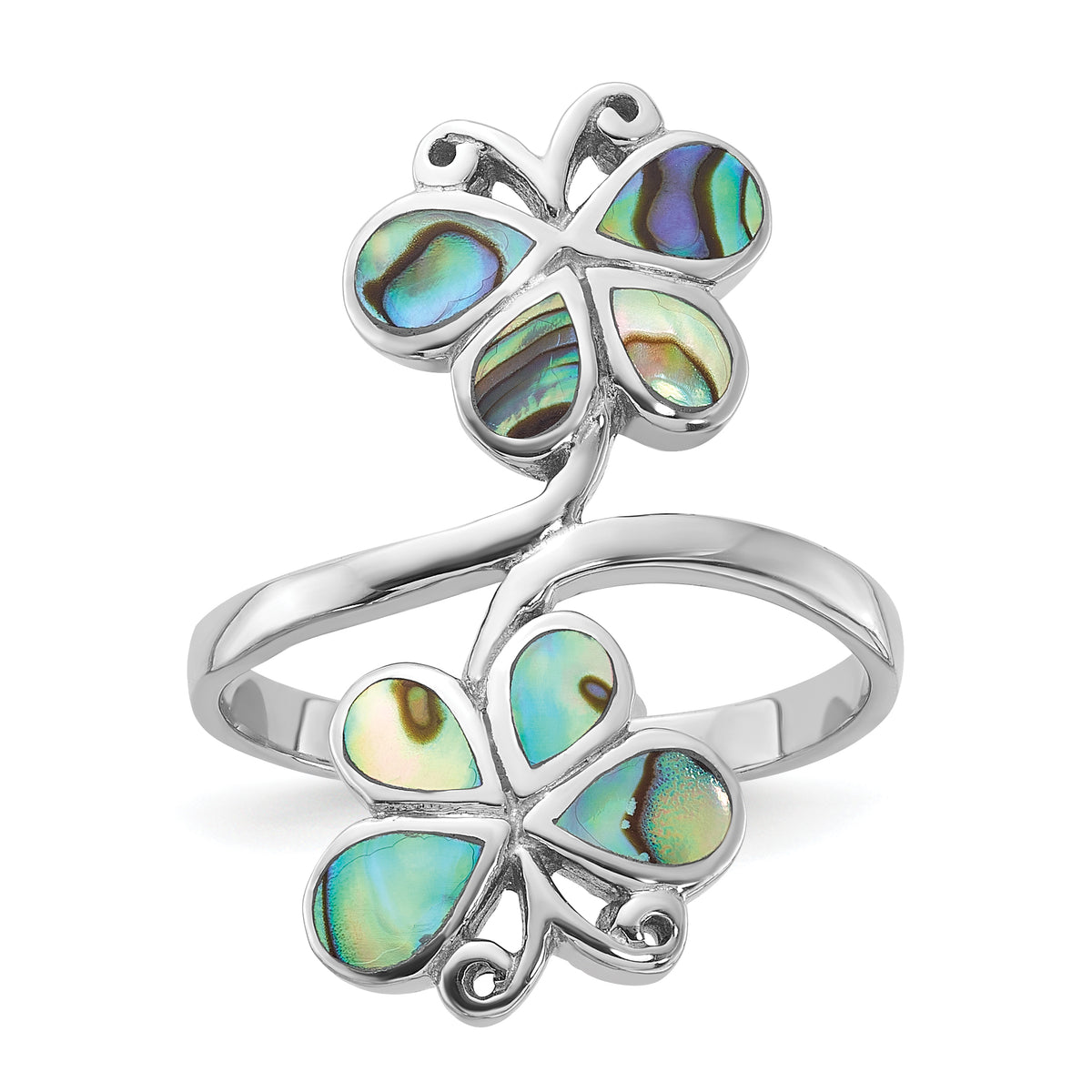 Sterling Silver Rhodium-Plated Polished Abalone Double Butterfly Ring