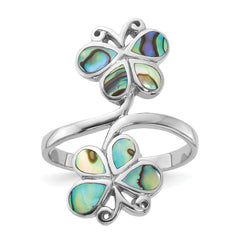 Sterling Silver Rhodium-Plated Polished Abalone Double Butterfly Ring