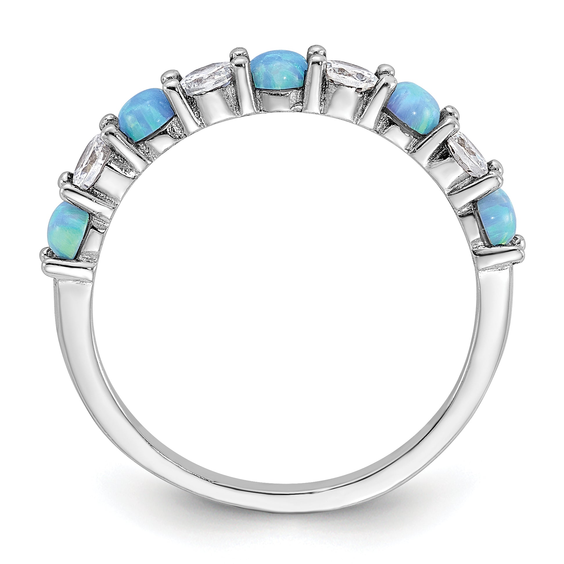 Sterling Silver Rhodium-plated Blue Created Opal and CZ Ring