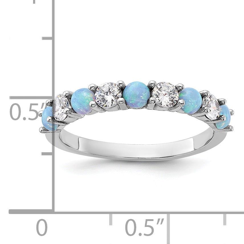 Sterling Silver Rhodium-plated Blue Created Opal and CZ Ring