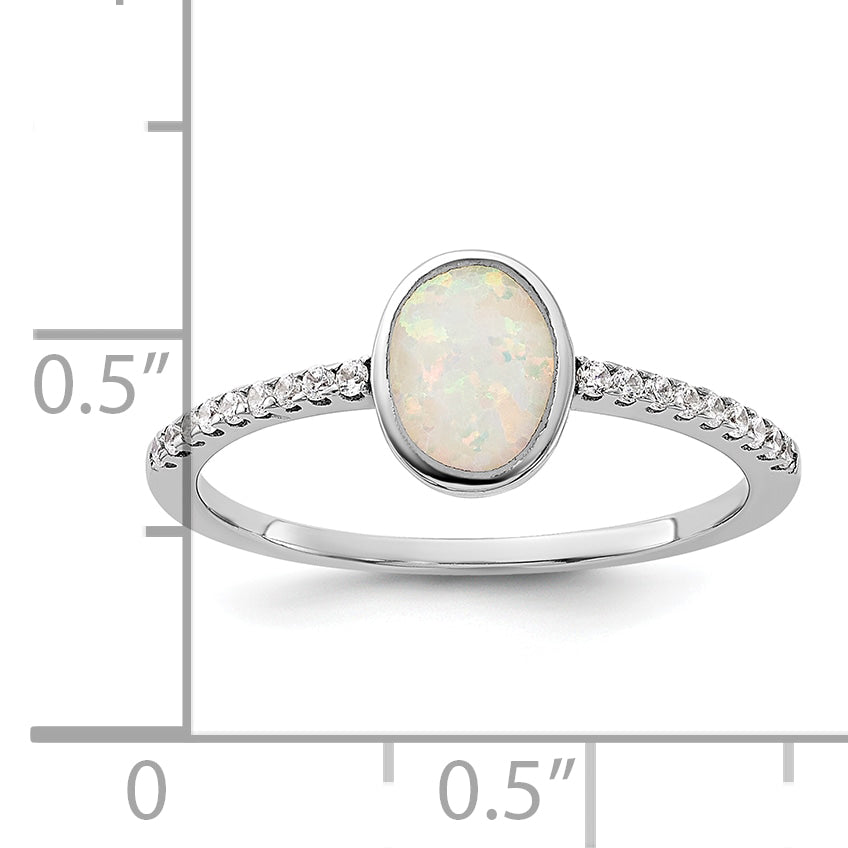 Sterling Silver Rhodium-plated Created Opal and CZ Ring