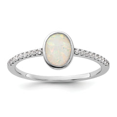 Sterling Silver Rhodium-plated Created Opal and CZ Ring